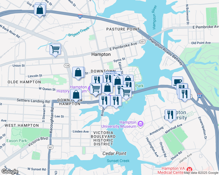 map of restaurants, bars, coffee shops, grocery stores, and more near 7 East Queens Way in Hampton