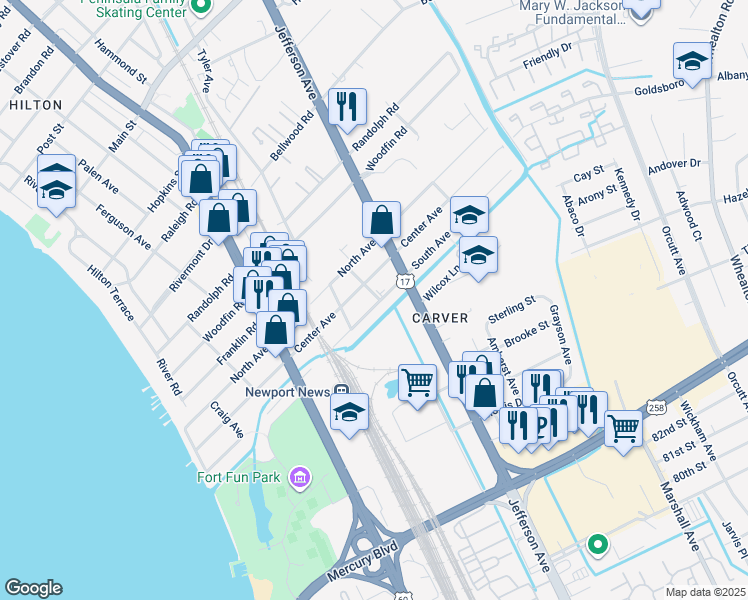 map of restaurants, bars, coffee shops, grocery stores, and more near 525 South Avenue in Newport News