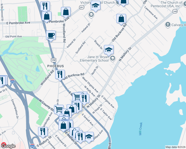 map of restaurants, bars, coffee shops, grocery stores, and more near 54 East Chamberlin Avenue East in Hampton