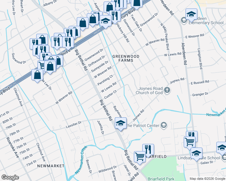 map of restaurants, bars, coffee shops, grocery stores, and more near 3310 Custer Court in Hampton