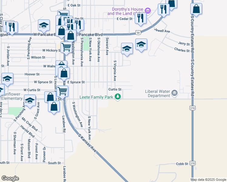 map of restaurants, bars, coffee shops, grocery stores, and more near 612 Curtis Street in Liberal