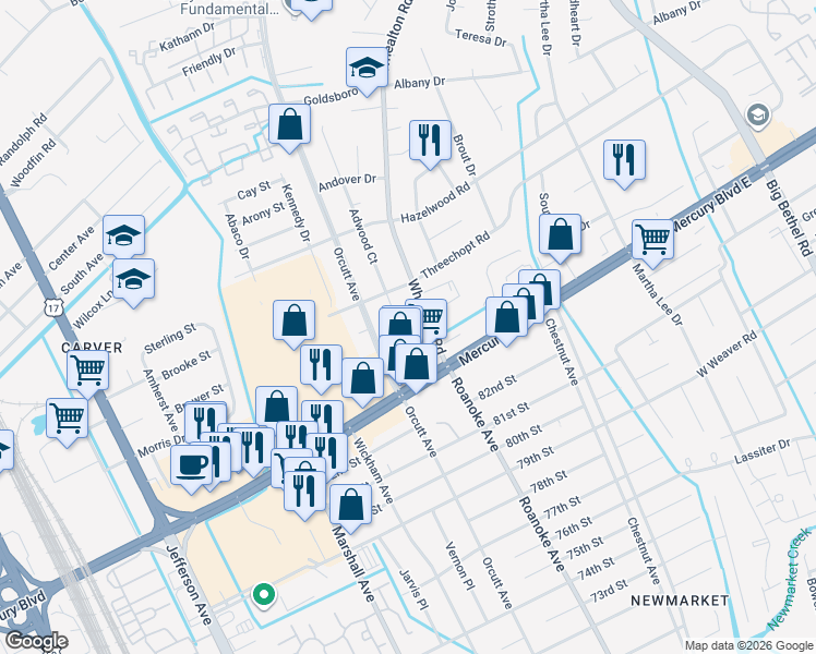 map of restaurants, bars, coffee shops, grocery stores, and more near 316 Adwood Court in Hampton