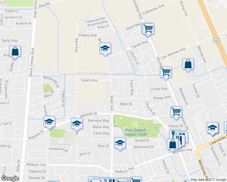 map of restaurants, bars, coffee shops, grocery stores, and more near 593 El Invierno Drive in Gilroy