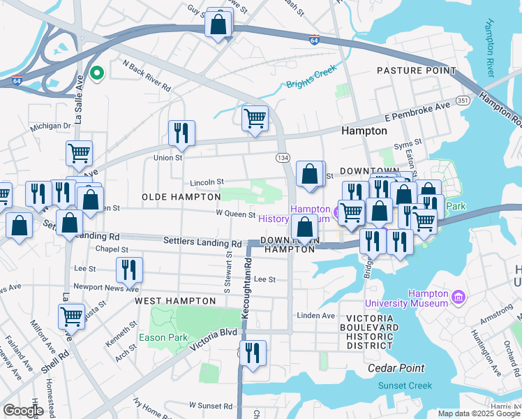 map of restaurants, bars, coffee shops, grocery stores, and more near 240 West Queen Street in Hampton