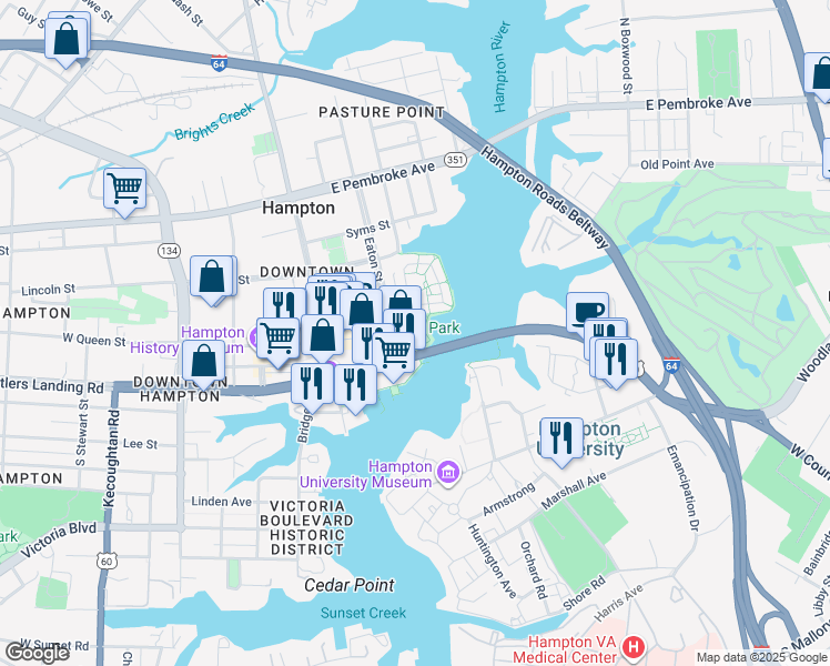 map of restaurants, bars, coffee shops, grocery stores, and more near 240 East Queen Street in Hampton