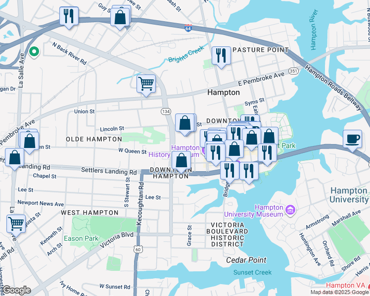 map of restaurants, bars, coffee shops, grocery stores, and more near 182 West Queen Street in Hampton