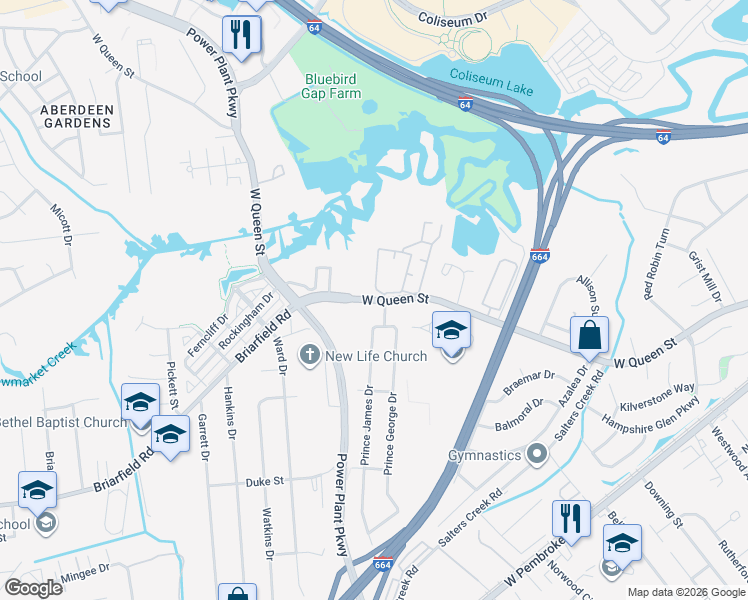 map of restaurants, bars, coffee shops, grocery stores, and more near 100 Emancipation Drive in Hampton