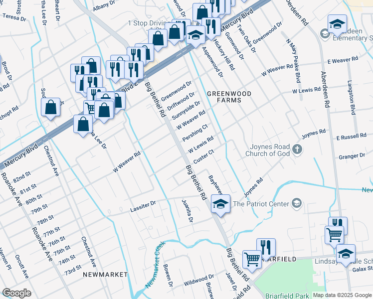 map of restaurants, bars, coffee shops, grocery stores, and more near 3324 West Lewis Road in Hampton