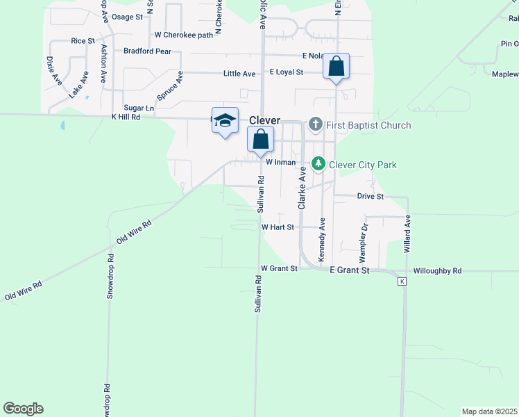 map of restaurants, bars, coffee shops, grocery stores, and more near 401-413 Sullivan Rd in Clever