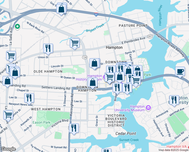 map of restaurants, bars, coffee shops, grocery stores, and more near 182 West Queen Street in Hampton