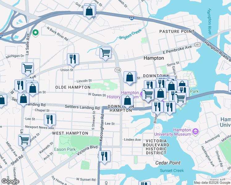map of restaurants, bars, coffee shops, grocery stores, and more near 216 West Queen Street in Hampton