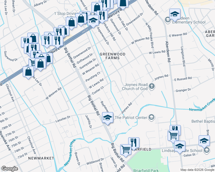 map of restaurants, bars, coffee shops, grocery stores, and more near 3213 Custer Court in Hampton