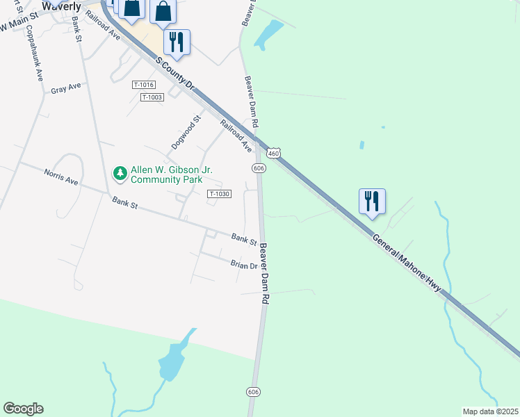 map of restaurants, bars, coffee shops, grocery stores, and more near 224 Beaver Dam Road in Waverly