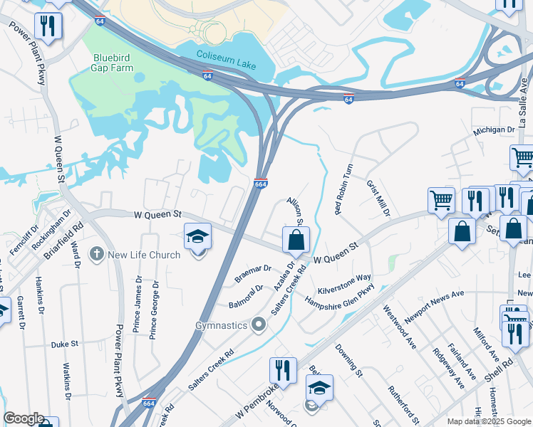 map of restaurants, bars, coffee shops, grocery stores, and more near 50 Allison Sutton Drive in Hampton