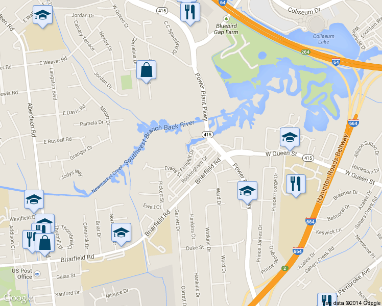 map of restaurants, bars, coffee shops, grocery stores, and more near 17 Ferncliff Dr in Hampton