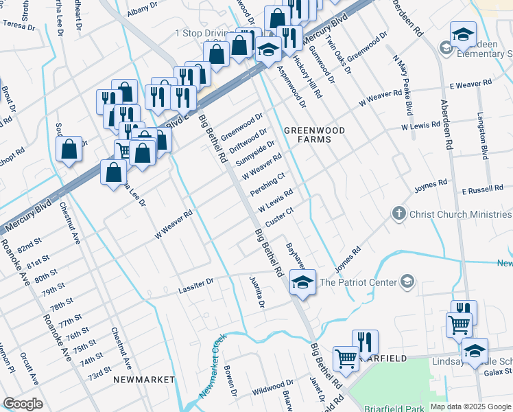map of restaurants, bars, coffee shops, grocery stores, and more near 3324 West Lewis Road in Hampton