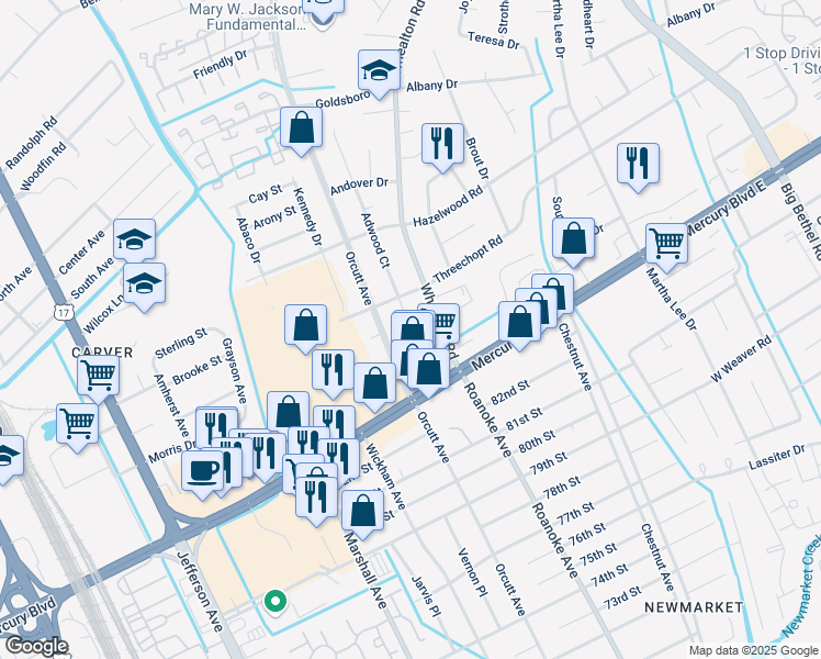 map of restaurants, bars, coffee shops, grocery stores, and more near 316 Adwood Ct in Hampton