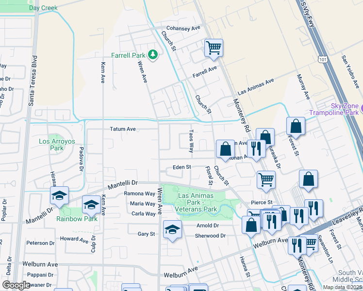 map of restaurants, bars, coffee shops, grocery stores, and more near 9110 Jardin Way in Gilroy