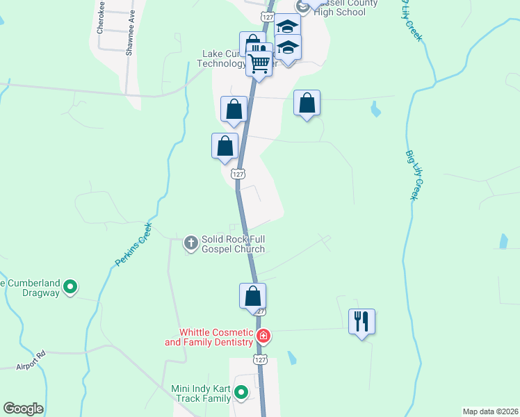 map of restaurants, bars, coffee shops, grocery stores, and more near 98 Sambo Lane in Russell Springs