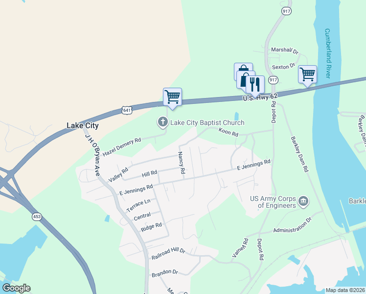 map of restaurants, bars, coffee shops, grocery stores, and more near 146-178 Mountain Road in Grand Rivers