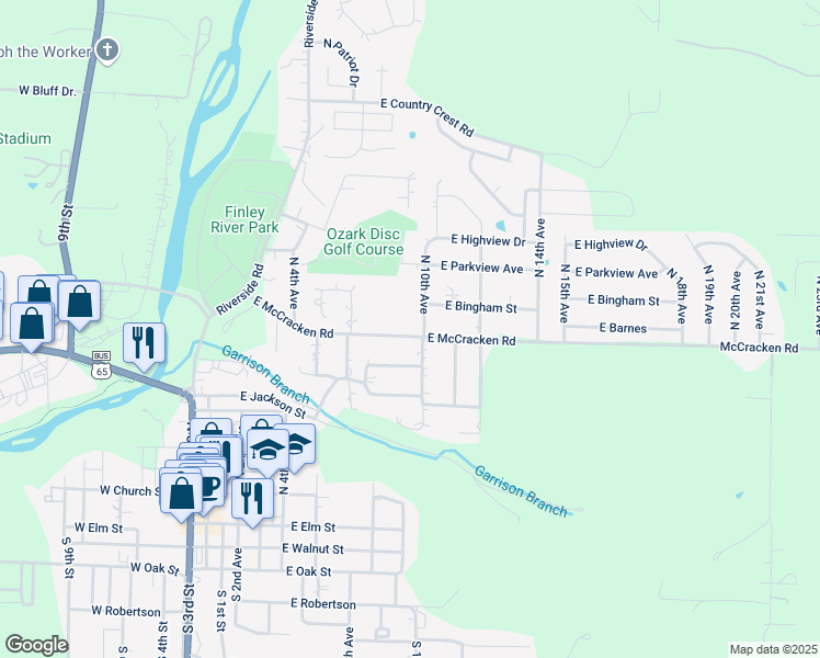 map of restaurants, bars, coffee shops, grocery stores, and more near 709 East McCracken Road in Ozark
