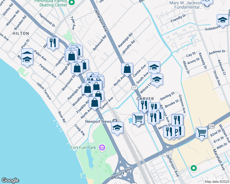 map of restaurants, bars, coffee shops, grocery stores, and more near 501 Center Avenue in Newport News