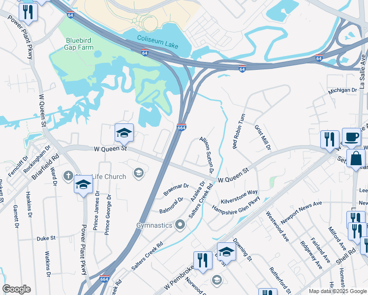 map of restaurants, bars, coffee shops, grocery stores, and more near 50 Allison Sutton Drive in Hampton