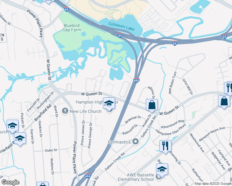 map of restaurants, bars, coffee shops, grocery stores, and more near 1456 West Queen Street in Hampton