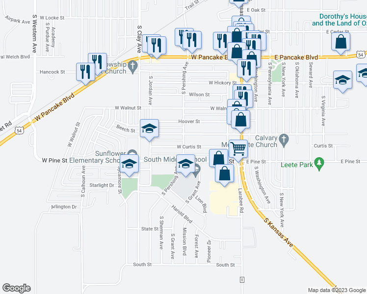 map of restaurants, bars, coffee shops, grocery stores, and more near 844 South Pershing Avenue in Liberal