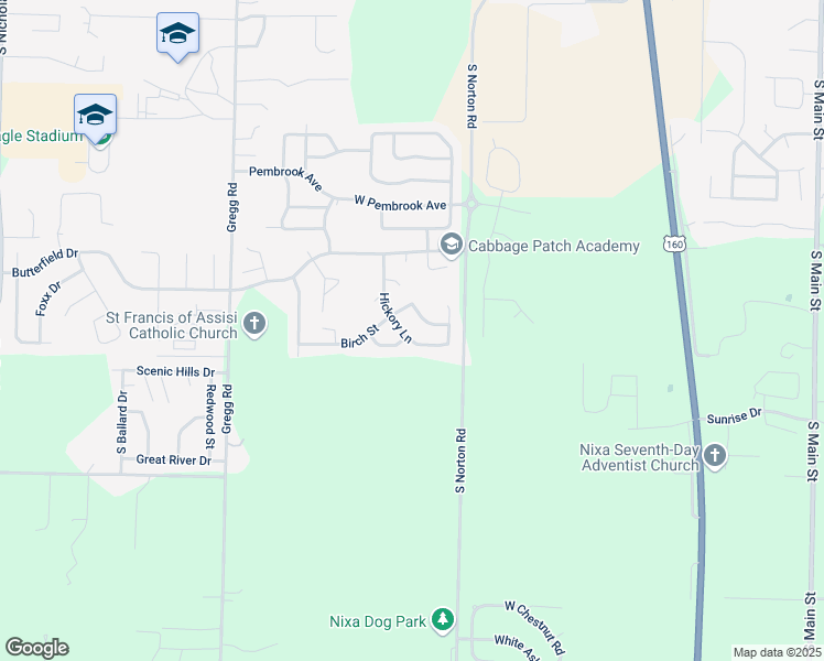 map of restaurants, bars, coffee shops, grocery stores, and more near 876 Hickory Lane in Nixa