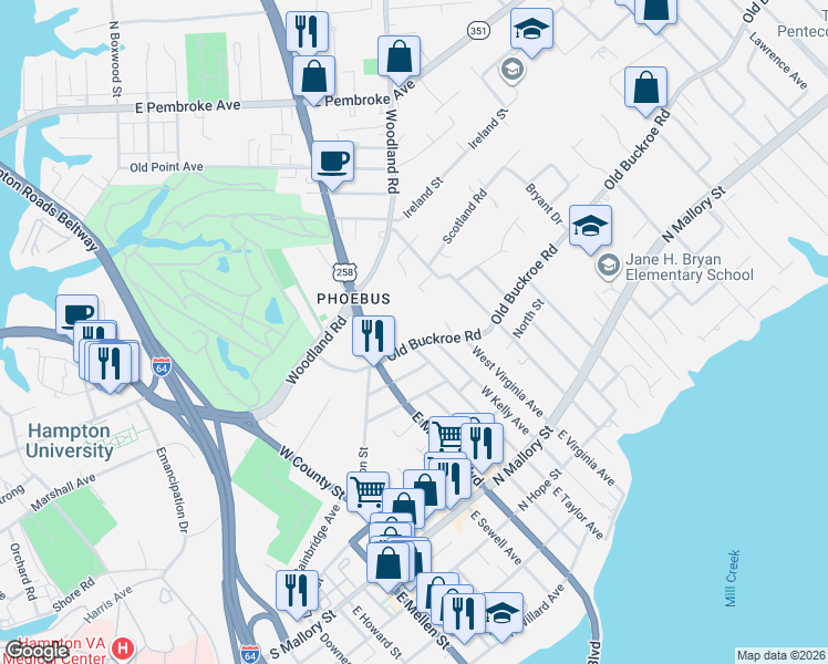 map of restaurants, bars, coffee shops, grocery stores, and more near 25 Kimberly Avenue in Hampton