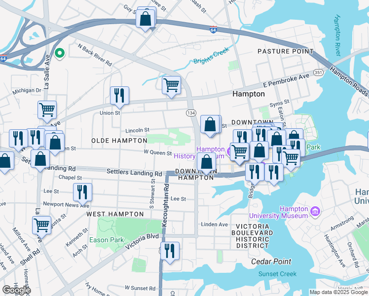 map of restaurants, bars, coffee shops, grocery stores, and more near 240 West Queen Street in Hampton