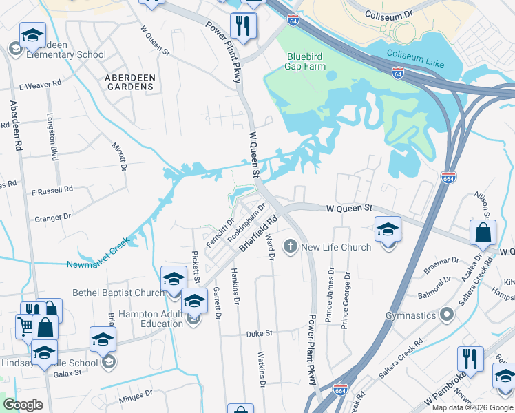 map of restaurants, bars, coffee shops, grocery stores, and more near 8 Rockingham Drive in Hampton