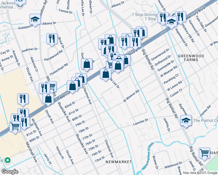map of restaurants, bars, coffee shops, grocery stores, and more near 4106 Candlewood Drive in Hampton