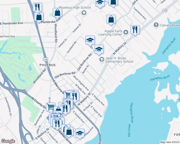 map of restaurants, bars, coffee shops, grocery stores, and more near 38 West Hygeia Avenue in Hampton