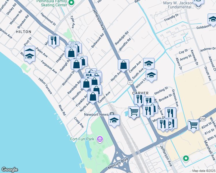 map of restaurants, bars, coffee shops, grocery stores, and more near 462 North Avenue in Newport News