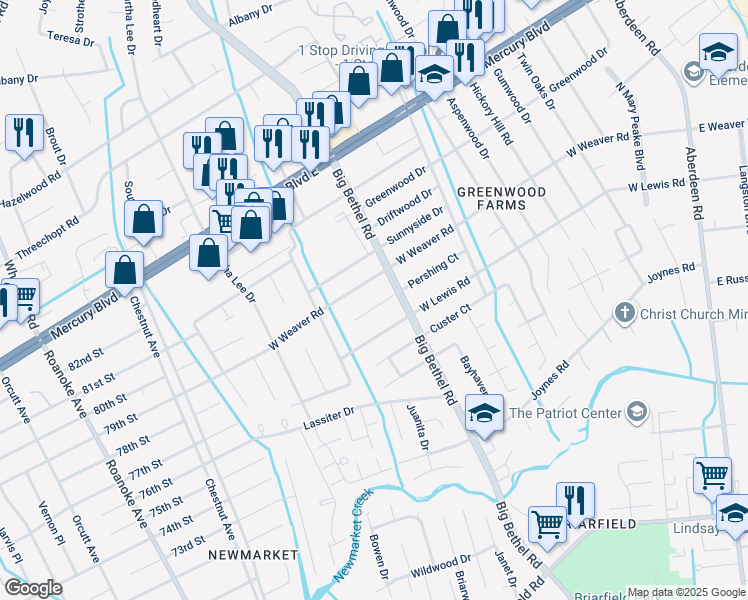 map of restaurants, bars, coffee shops, grocery stores, and more near 3406 Pershing Court in Hampton