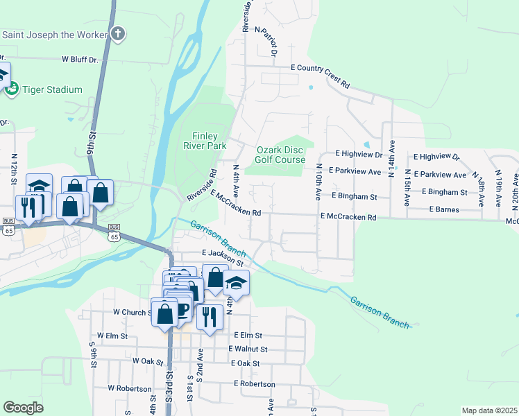 map of restaurants, bars, coffee shops, grocery stores, and more near 603 East McCracken Road in Ozark
