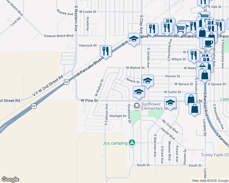 map of restaurants, bars, coffee shops, grocery stores, and more near 806 Poplar Street in Liberal