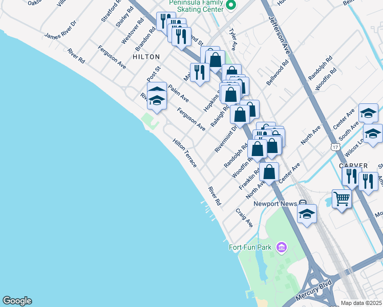 map of restaurants, bars, coffee shops, grocery stores, and more near 9919 River Road in Newport News