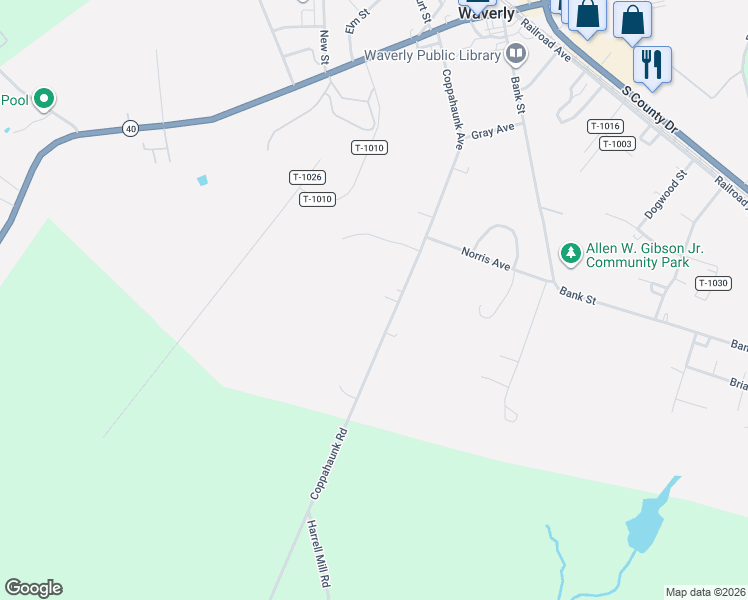map of restaurants, bars, coffee shops, grocery stores, and more near 334 Coppahaunk Road in Waverly