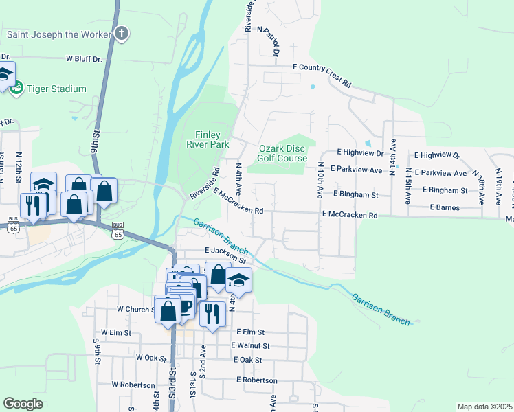 map of restaurants, bars, coffee shops, grocery stores, and more near 603 East McCracken Road in Ozark