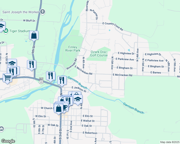 map of restaurants, bars, coffee shops, grocery stores, and more near 601 East McCracken Road in Ozark