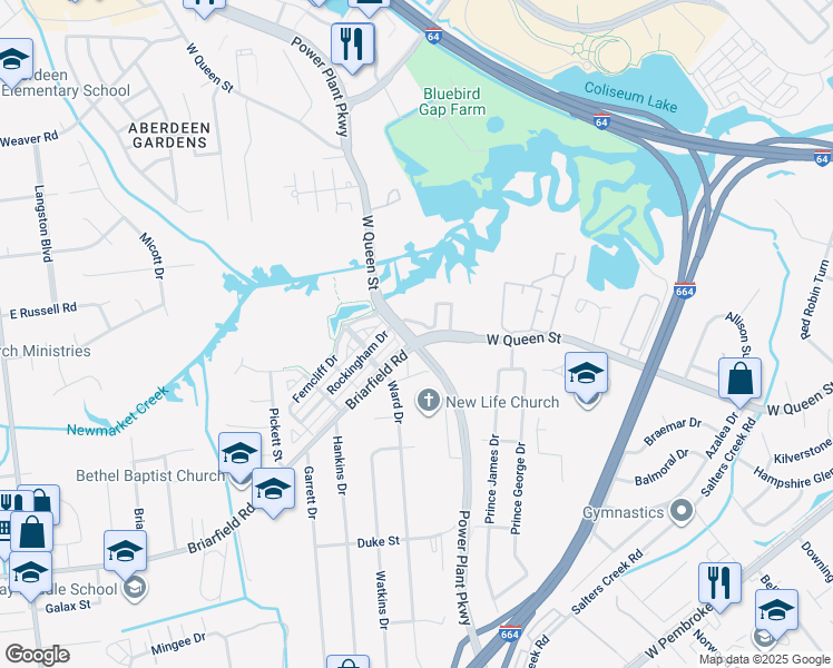 map of restaurants, bars, coffee shops, grocery stores, and more near 1550 Power Plant Parkway in Hampton