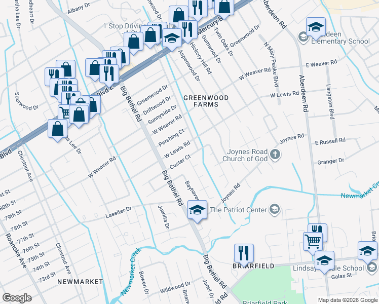 map of restaurants, bars, coffee shops, grocery stores, and more near 3213 Custer Court in Hampton