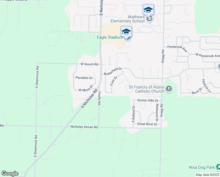 map of restaurants, bars, coffee shops, grocery stores, and more near 813 Foxx Drive in Nixa