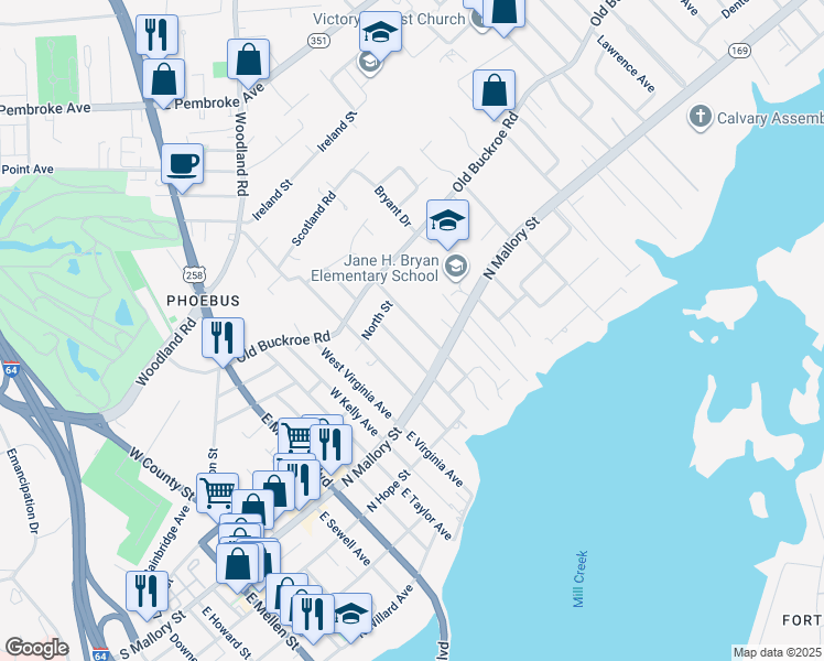 map of restaurants, bars, coffee shops, grocery stores, and more near 37 West Sherwood Avenue in Hampton