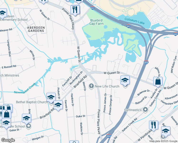 map of restaurants, bars, coffee shops, grocery stores, and more near 1550 Power Plant Parkway in Hampton