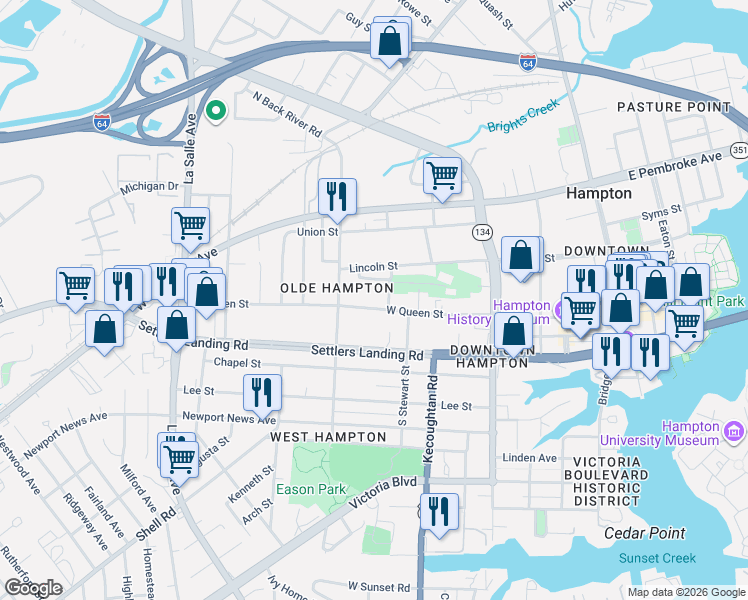 map of restaurants, bars, coffee shops, grocery stores, and more near 344 West Queen Street in Hampton