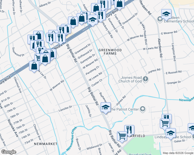 map of restaurants, bars, coffee shops, grocery stores, and more near 3310 Custer Court in Hampton